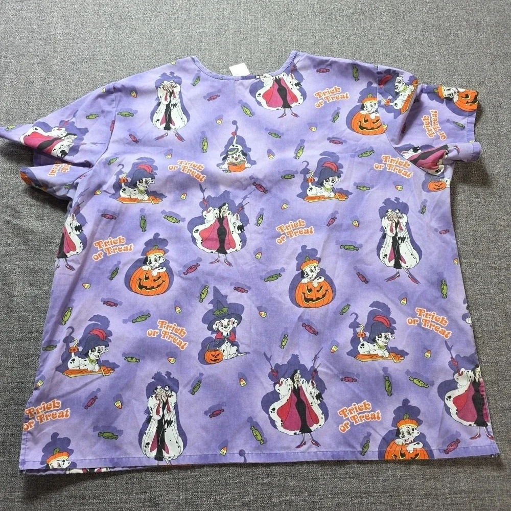 Disney Women's Scrub Top 2XHalloween Trick Treat 101 Dalmations Purple Tie